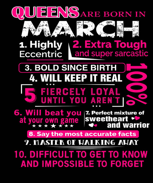 10 Reasons Queens Are Born in March - Birthday Shirt - Bliss Birthday Shirts - Small - Black