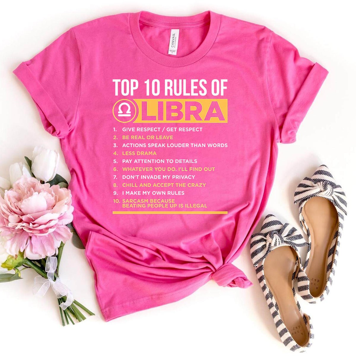 10 Rules of Libra Zodiac Shirt – Ideal Astrological Birthday Gift - Bliss Birthday Shirts - Charity Pink - S