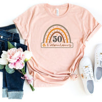 50 & Fabulous Rainbow Birthday Shirt - Custom 50th Birthday T - Shirt - Bliss Birthday Shirts - S - Heather Peach