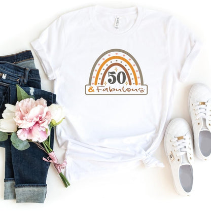 50 & Fabulous Rainbow Birthday Shirt - Custom 50th Birthday T - Shirt - Bliss Birthday Shirts - S - White