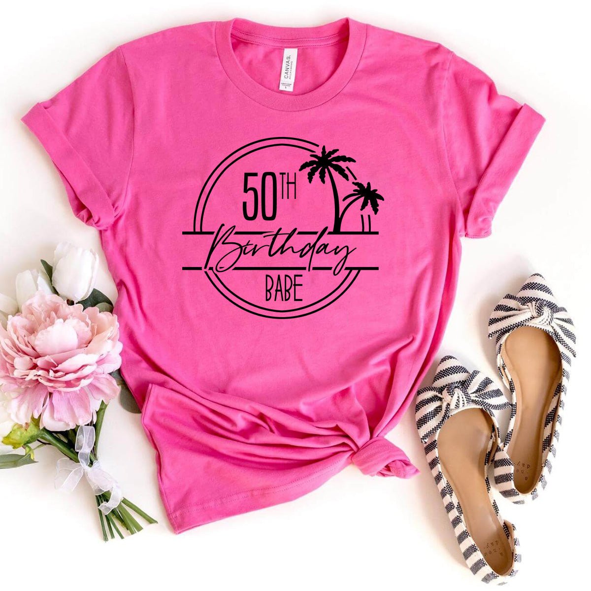 50th Birthday Babe Premium T-Shirt - Celebrate 50 in Style - Bliss Birthday Shirts - Charity Pink - S