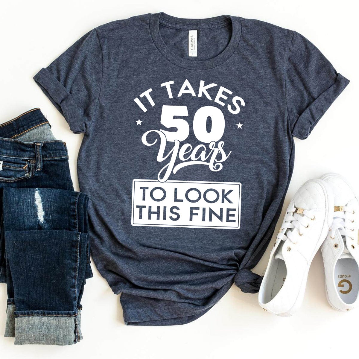 50th Birthday Shirt - It Takes 50 Years to Look This Fine Tee for Women - Bliss Birthday Shirts - Heather Navy - S