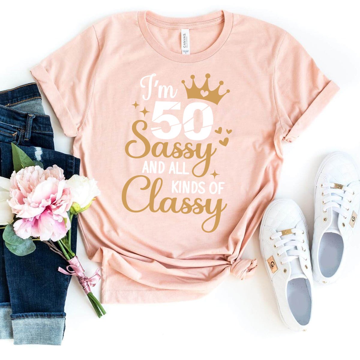 50th Birthday Shirt - Sassy and Classy Birthday Tee for Women - Bliss Birthday Shirts - Heather Peach - S