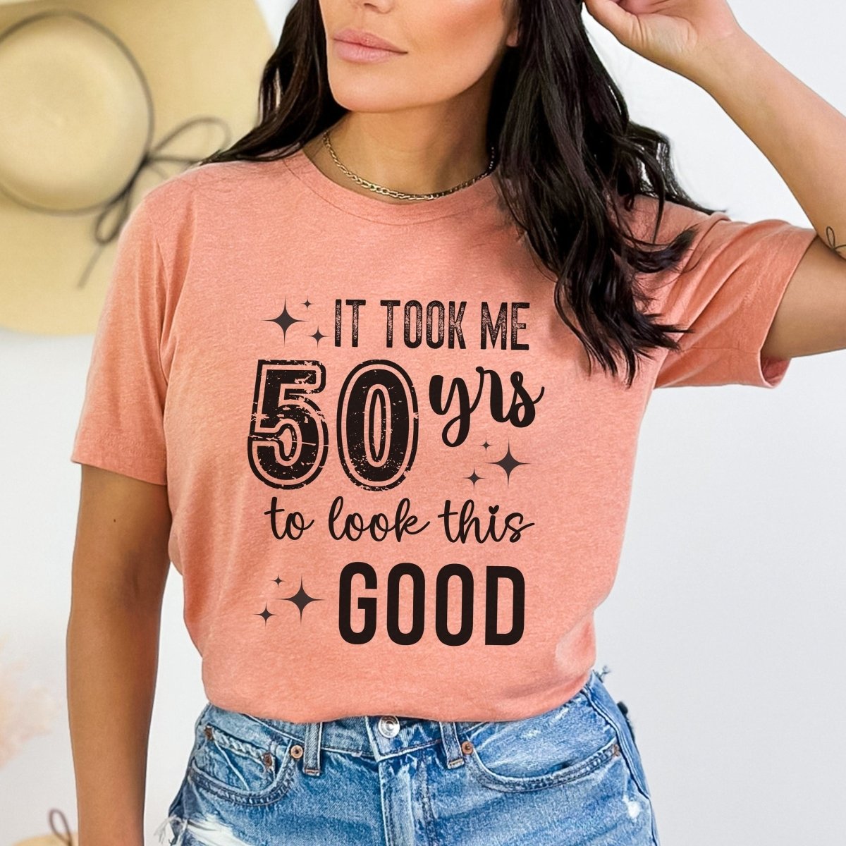 50th Birthday T - Shirt - Funny Design - Took Me 50 Years to Look This Good - Bliss Birthday Shirts - S - Heather Sunset