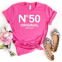 50th Birthday T-Shirt - No. 50 Design - Celebrate in Style - Bliss Birthday Shirts - Charity Pink - S