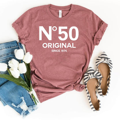 50th Birthday T-Shirt - No. 50 Design - Celebrate in Style - Bliss Birthday Shirts - Heather Mauve - S