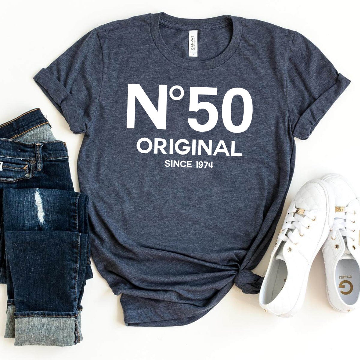 50th Birthday T-Shirt - No. 50 Design - Celebrate in Style - Bliss Birthday Shirts - Heather Navy - S