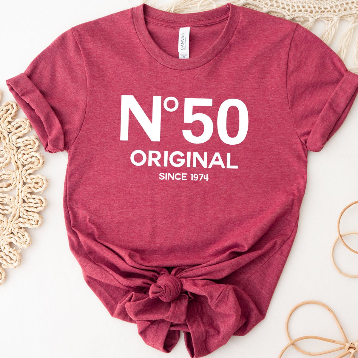 50th Birthday T-Shirt - No. 50 Design - Celebrate in Style - Bliss Birthday Shirts - Heather Raspberry - S