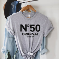 50th Birthday T - Shirt - No. 50 Design - Celebrate in Style - Bliss Birthday Shirts - S - Athletic Heather