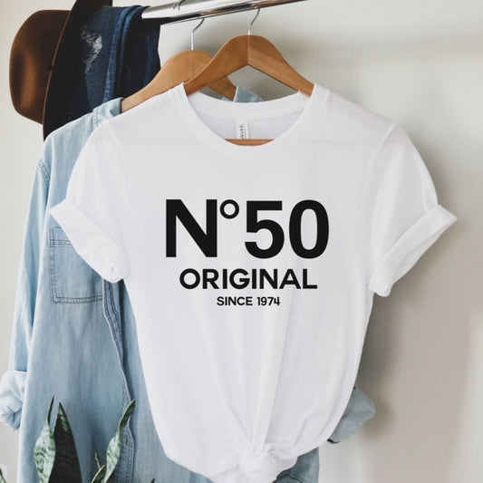 50th Birthday T - Shirt - No. 50 Design - Celebrate in Style - Bliss Birthday Shirts - S - White