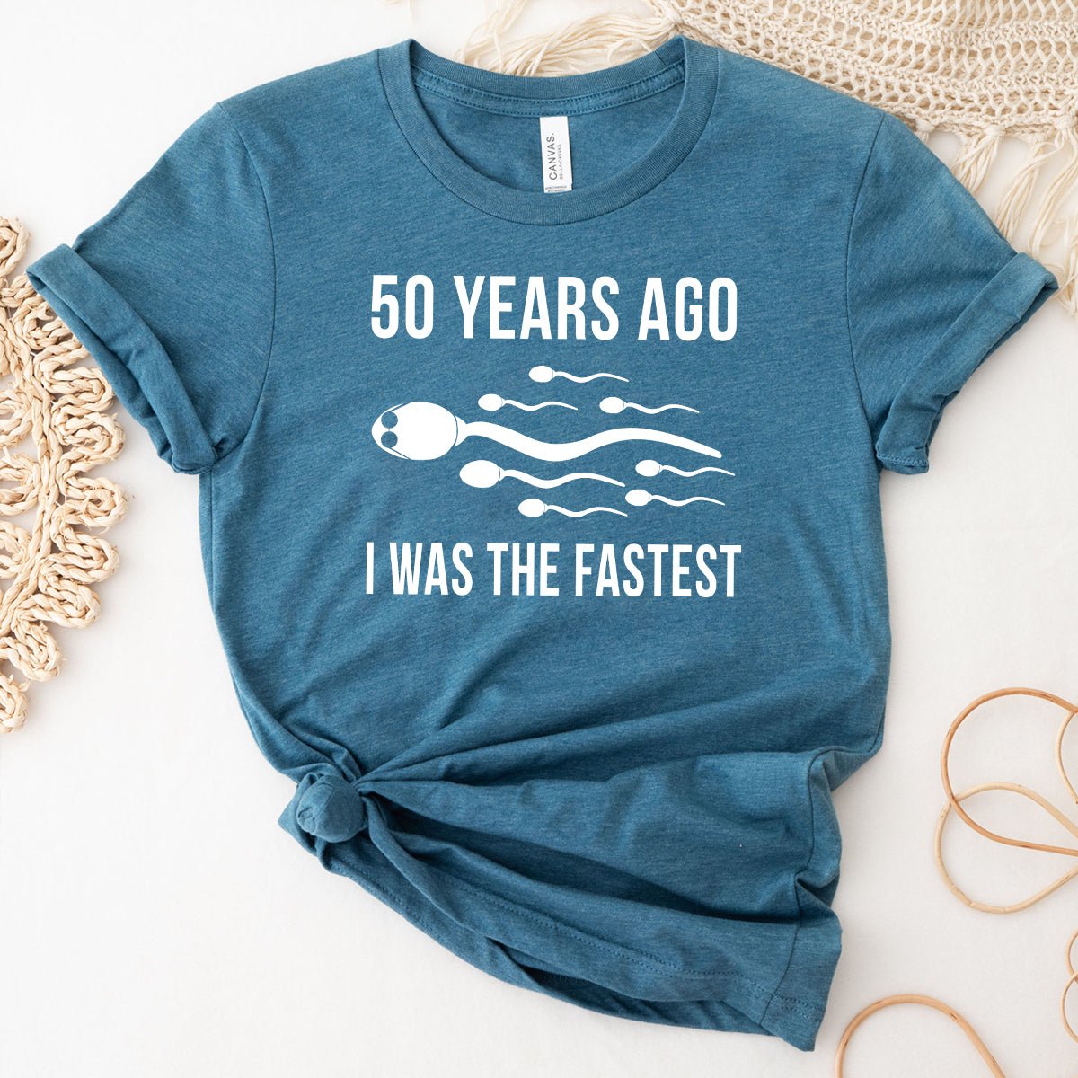 50th Shirt – Fastest 50 Years Ago, Still Going Strong - Bliss Birthday Shirts - Heather Deep Teal - S