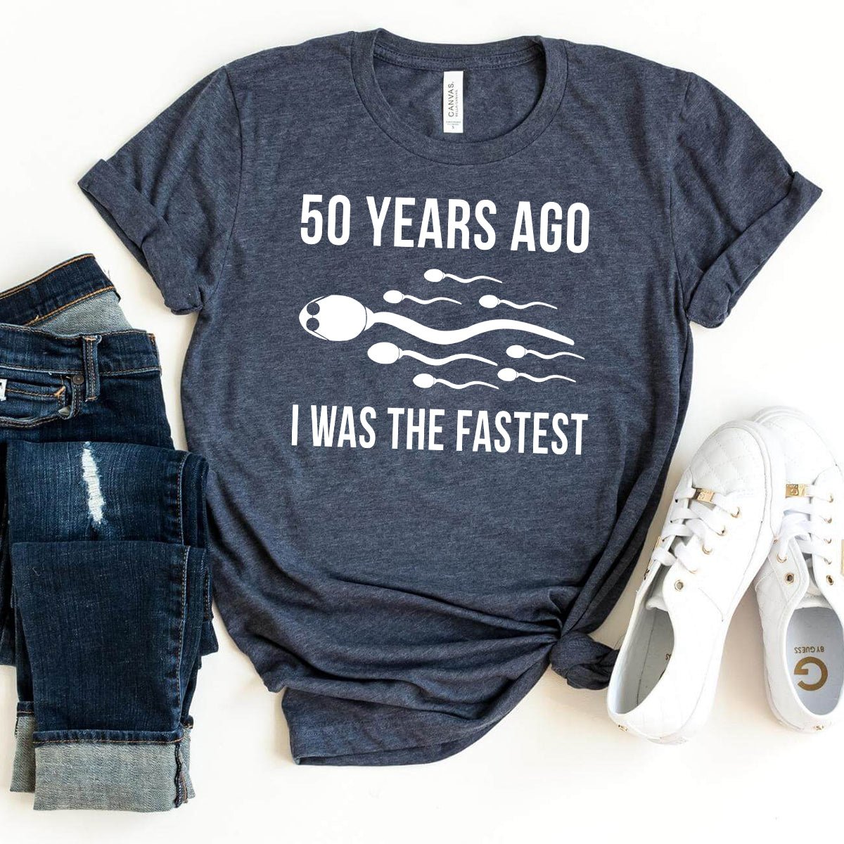 50th Shirt – Fastest 50 Years Ago, Still Going Strong - Bliss Birthday Shirts - Heather Navy - S