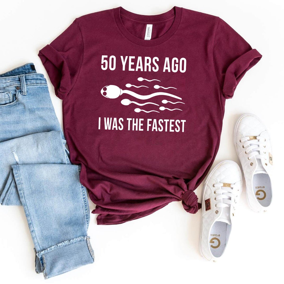 50th Shirt – Fastest 50 Years Ago, Still Going Strong - Bliss Birthday Shirts - Maroon - S