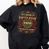 55th Birthday Hoodie – Life Begins at 55, Legendary 1970 Edition - Bliss Birthday Shirts - Black - S