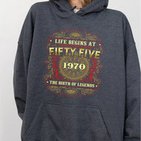 55th Birthday Hoodie – Life Begins at 55, Legendary 1970 Edition - Bliss Birthday Shirts - Dark Heather - S