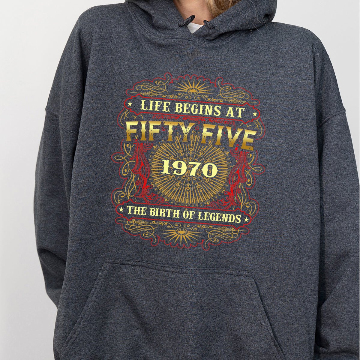 55th Birthday Hoodie – Life Begins at 55, Legendary 1970 Edition - Bliss Birthday Shirts - Dark Heather - S