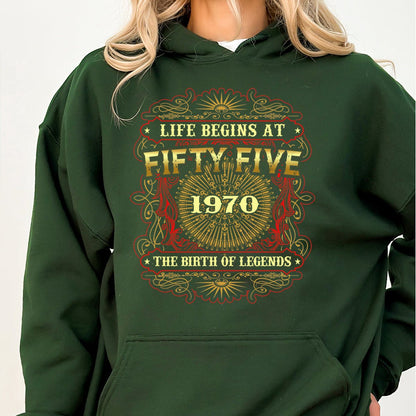 55th Birthday Hoodie – Life Begins at 55, Legendary 1970 Edition - Bliss Birthday Shirts - Forest Green - S