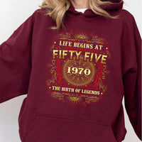 55th Birthday Hoodie – Life Begins at 55, Legendary 1970 Edition - Bliss Birthday Shirts - Maroon - S