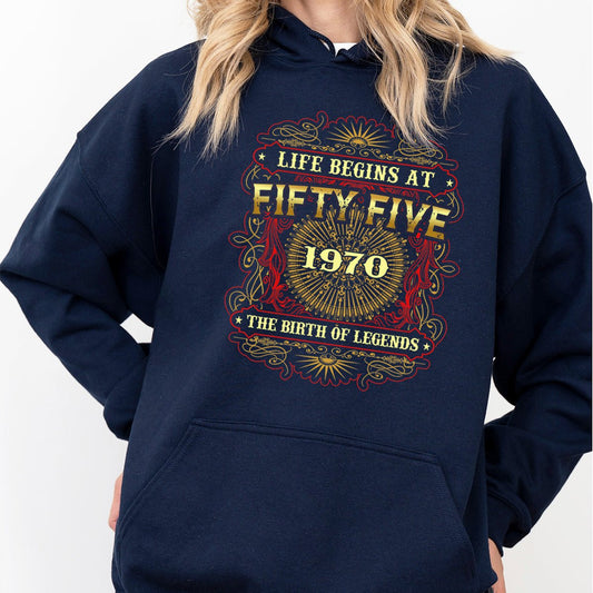 55th Birthday Hoodie – Life Begins at 55, Legendary 1970 Edition - Bliss Birthday Shirts - Navy - S