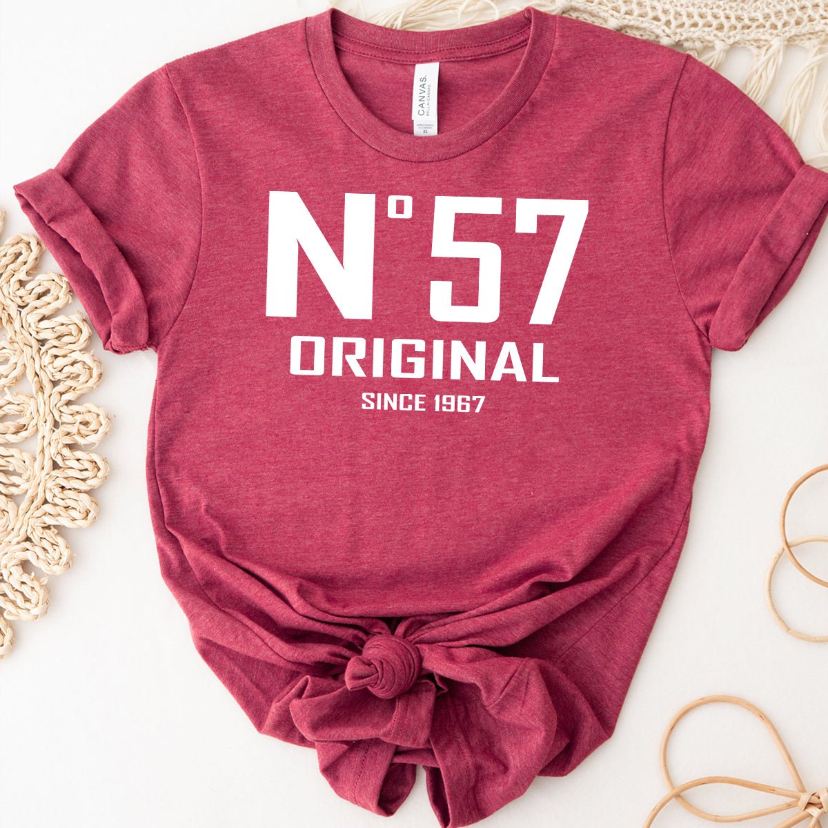 57th Birthday T-Shirt - No. 57 Design Original - Bliss Birthday Shirts - Heather Raspberry - S