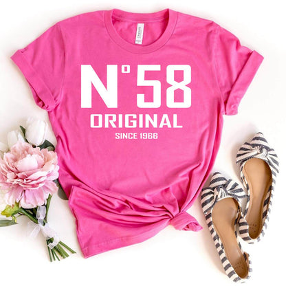 58th Birthday T-Shirt - No. 58 Design Original - Bliss Birthday Shirts - Charity Pink - S