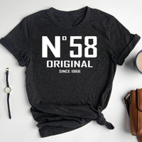 58th Birthday T-Shirt - No. 58 Design Original - Bliss Birthday Shirts - Dark Grey Heather - S