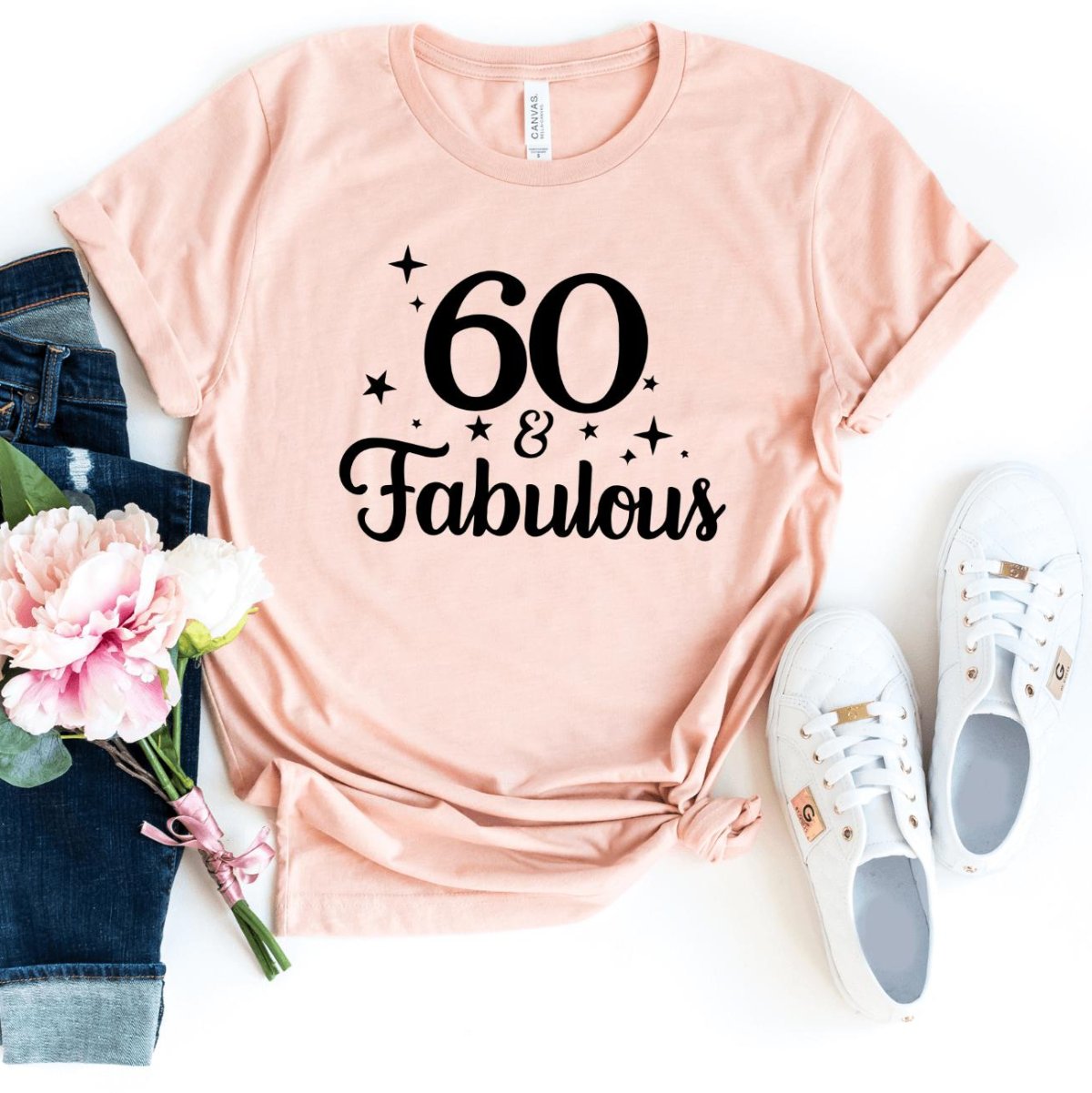 60 & Fabulous Birthday Shirt - Custom 60th Birthday T - Shirt - Bliss Birthday Shirts - S - Heather Peach