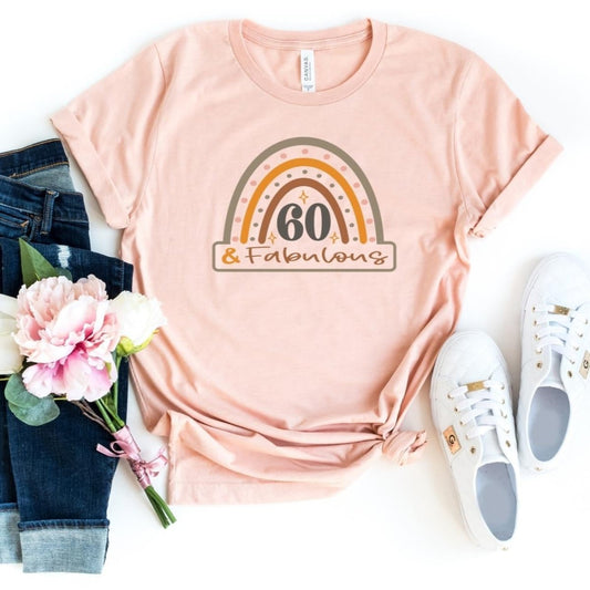 60 & Fabulous Rainbow Birthday Shirt - Custom 60th Birthday T - Shirt - Bliss Birthday Shirts - S - Heather Peach