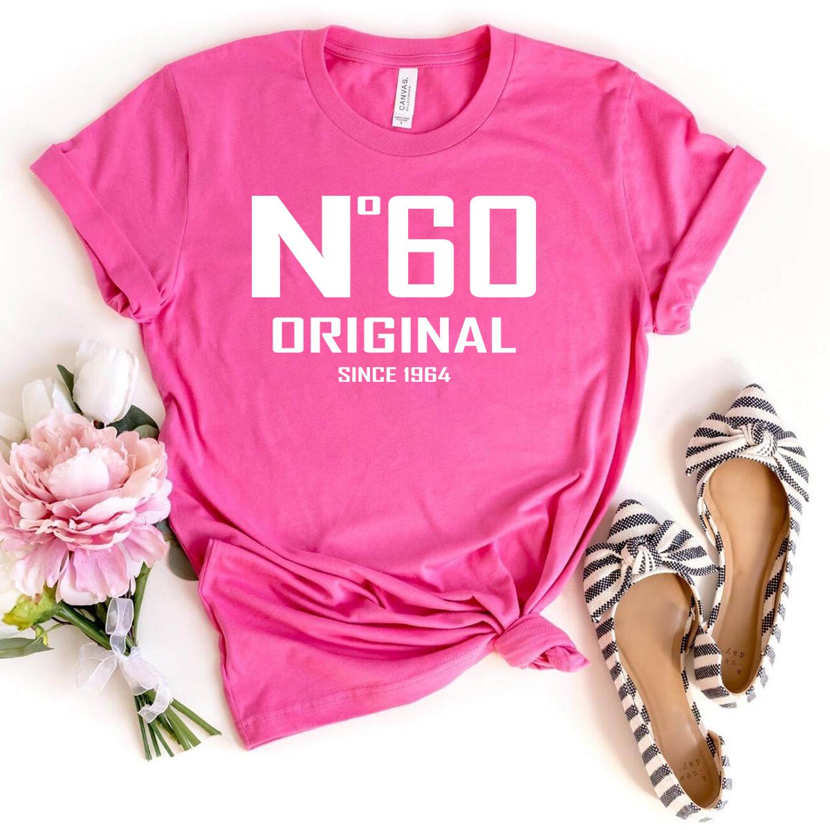 60th Birthday T-Shirt - No. 60 Design - Bliss Birthday Shirts - Charity Pink - S