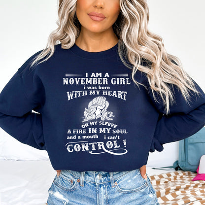 A Fire in My Soul - November Girl Birthday Sweatshirt & Hoodie - Bliss Birthday Shirts - Small - Navy