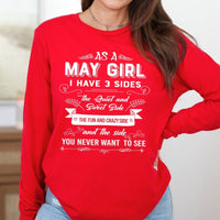 As a May Girl I Have 3 Sides - Long - Sleeve Birthday Shirt - Bliss Birthday Shirts - Small - Red