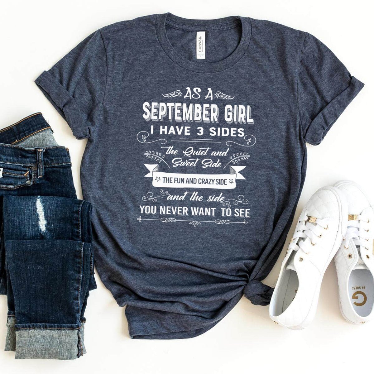 As a September Girl - I Have 3 Sides Super Soft Cotton Birthday Shirt - Bliss Birthday Shirts - Heather Navy - S