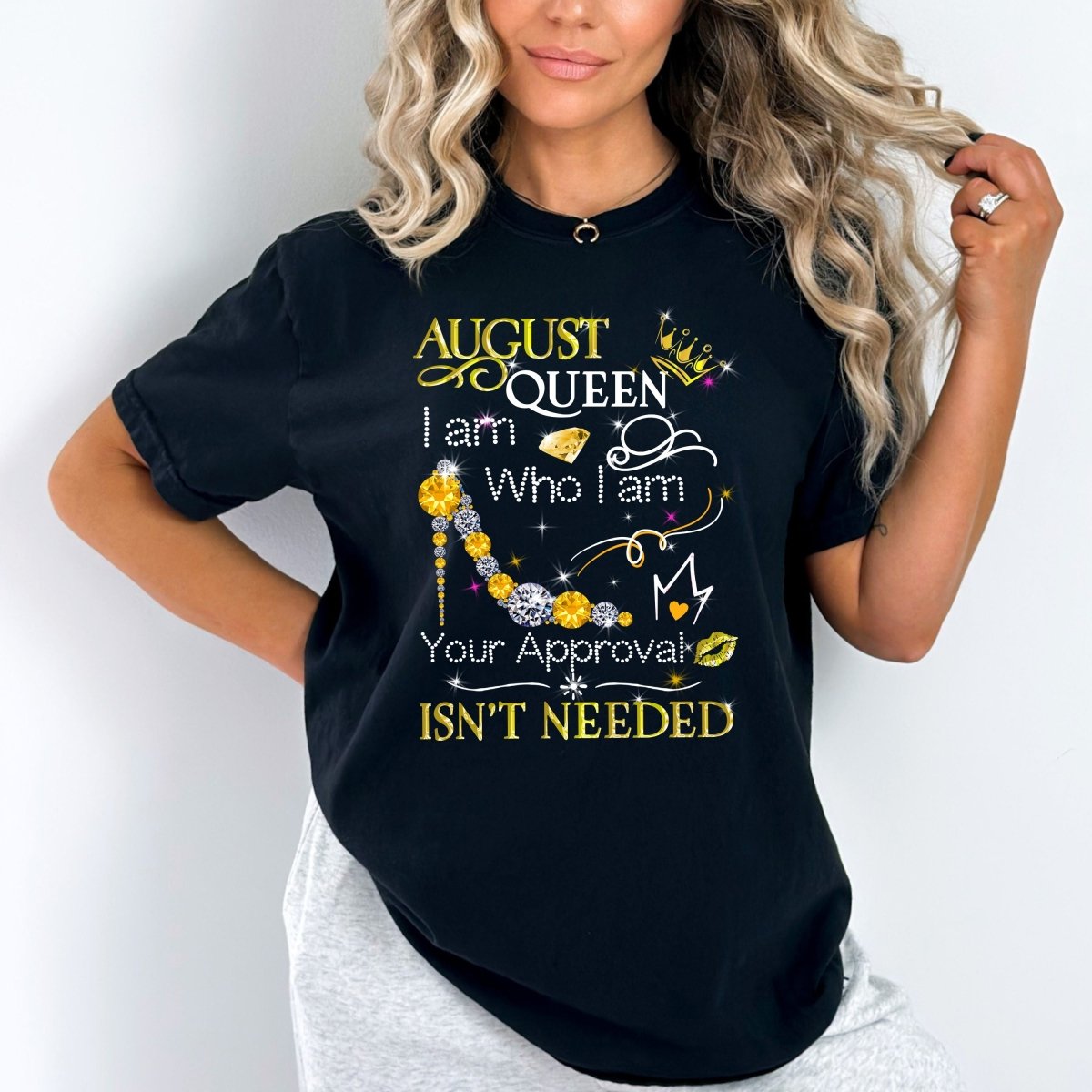 August Queen - I Am Who I Am Birthday Shirt - Bliss Birthday Shirts - Small - Black with yellow design