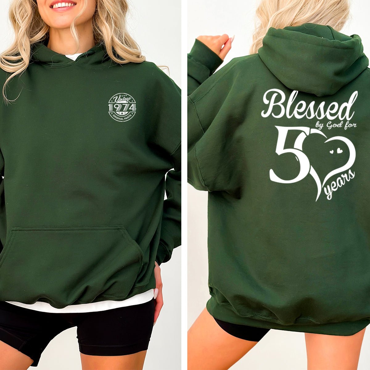 Blessed by God for 50 Years 50th Birthday Shirt Hoodie – Grateful & Fabulous - Bliss Birthday Shirts - Forest Green - S