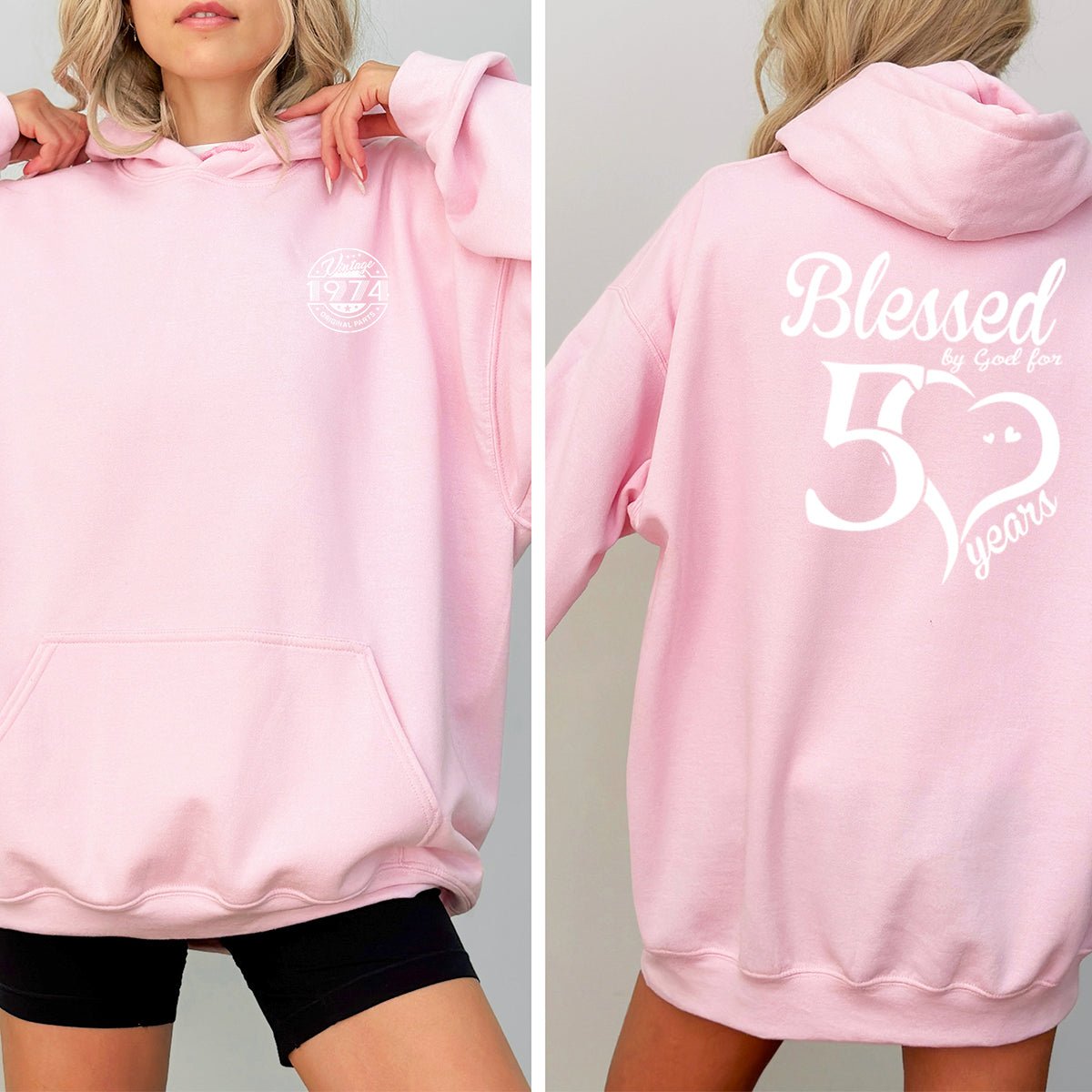 Blessed by God for 50 Years 50th Birthday Shirt Hoodie – Grateful & Fabulous - Bliss Birthday Shirts - Pink - S