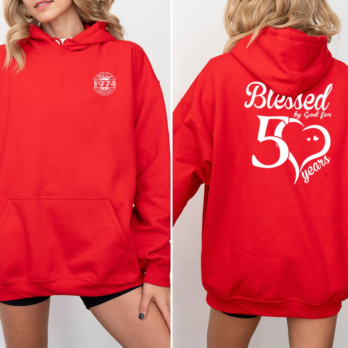 Blessed by God for 50 Years 50th Birthday Shirt Hoodie – Grateful & Fabulous - Bliss Birthday Shirts - Red - S