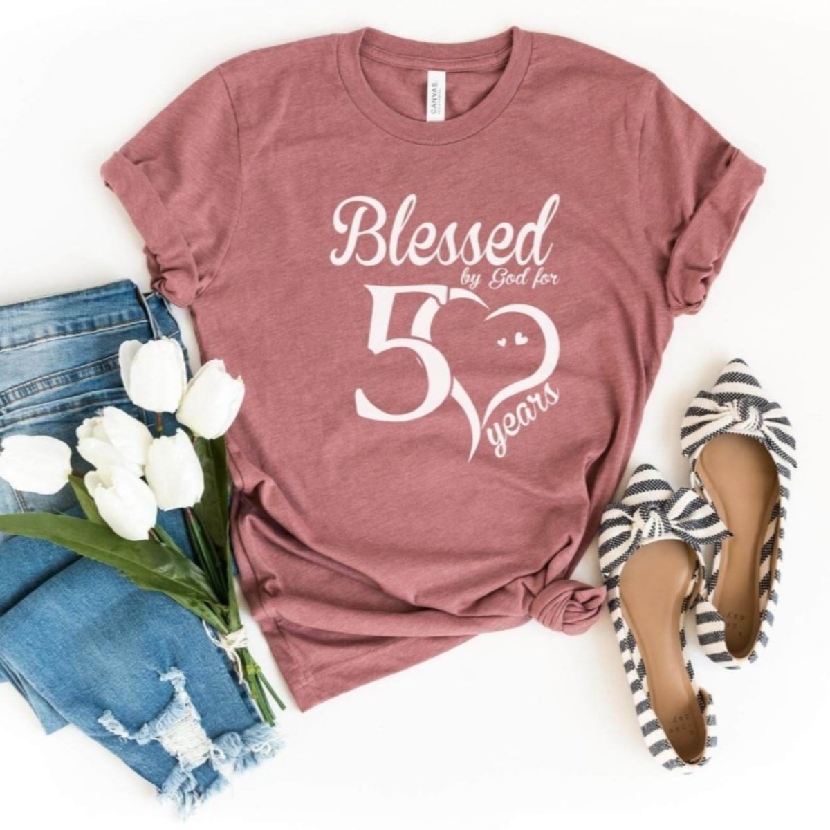 Blessed For 50 Years Birthday Shirt - Custom T - Shirt - Bliss Birthday Shirts - S - Heather Mauve