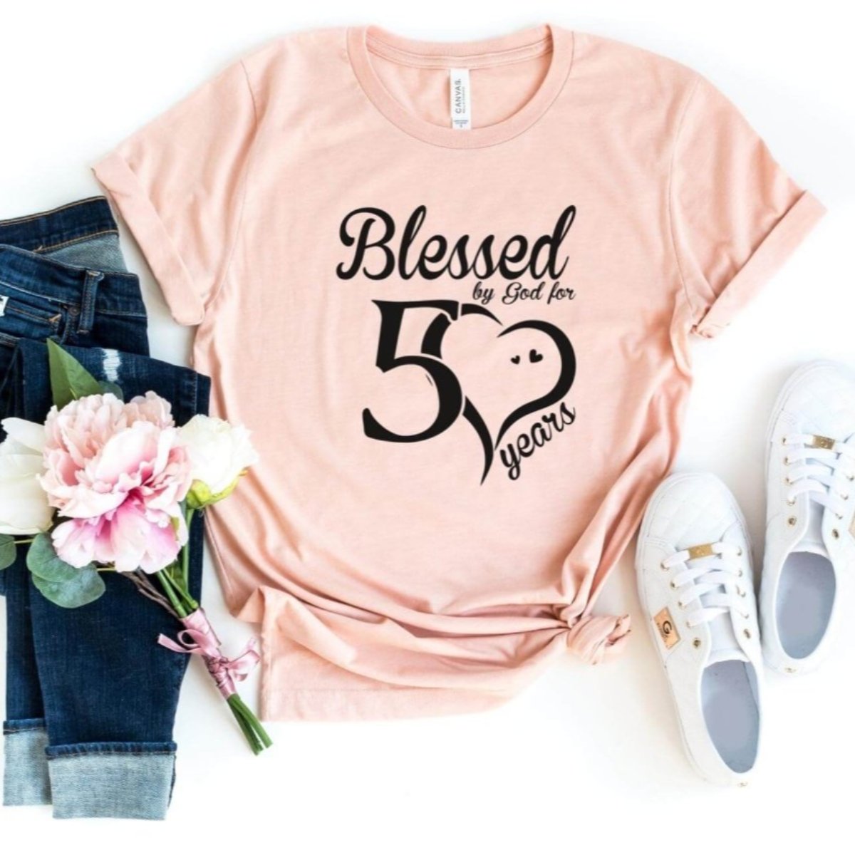 Blessed For 50 Years Birthday Shirt - Custom T - Shirt - Bliss Birthday Shirts - S - Heather Peach