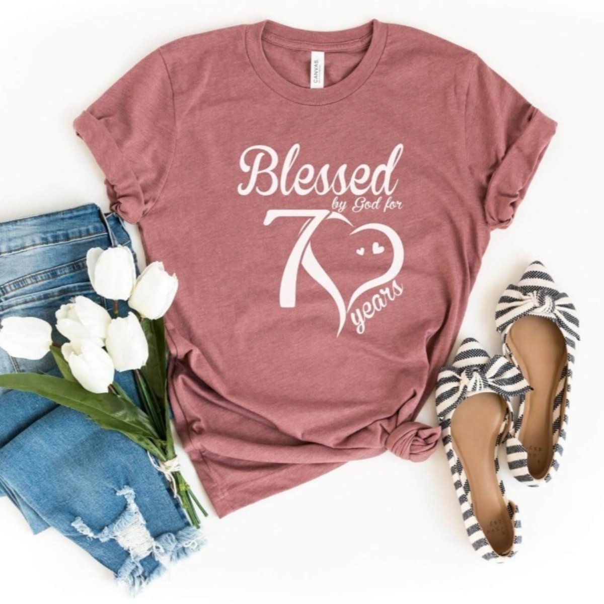 Blessed For 70 Years Birthday Shirt - Bliss Birthday Shirts - S - Heather Mauve