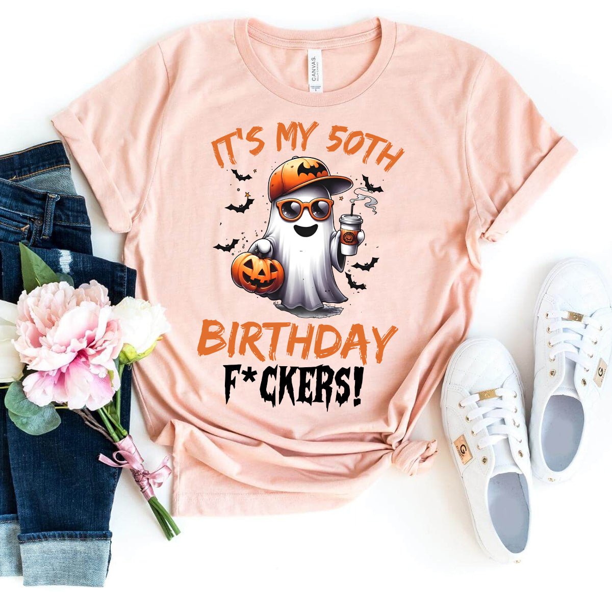 Bold 50th Birthday Shirt – Fun and Unique Birthday Gift for Friends - Bliss Birthday Shirts - Heather Peach - S