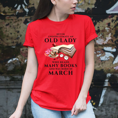 Book Lover Old Lady March - Birthday Shirt - Bliss Birthday Shirts - Small - Red