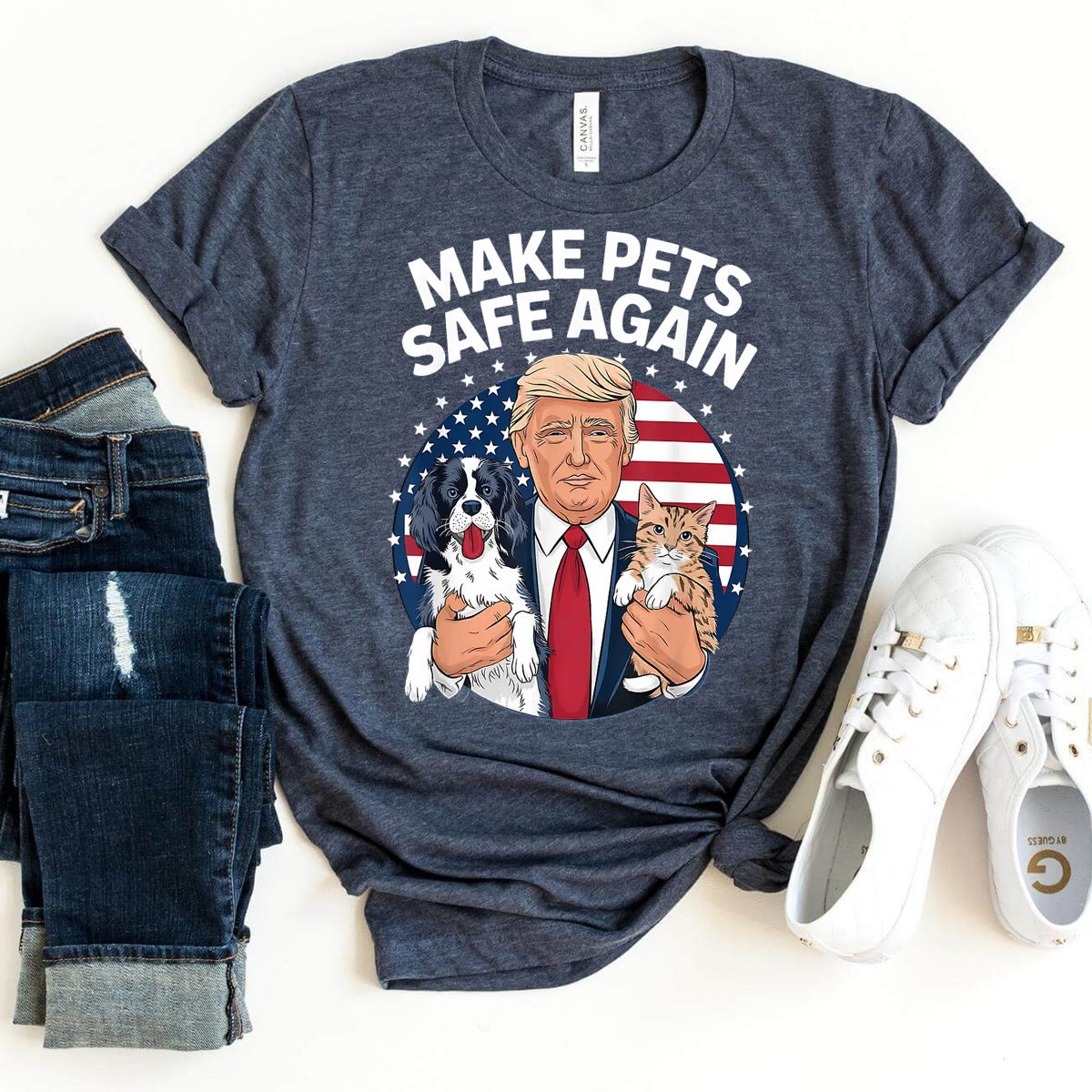 Cats and Dogs 2024 Debate – Make Pets Safe Again Trump Shirt - Bliss Birthday Shirts - Heather Navy - S