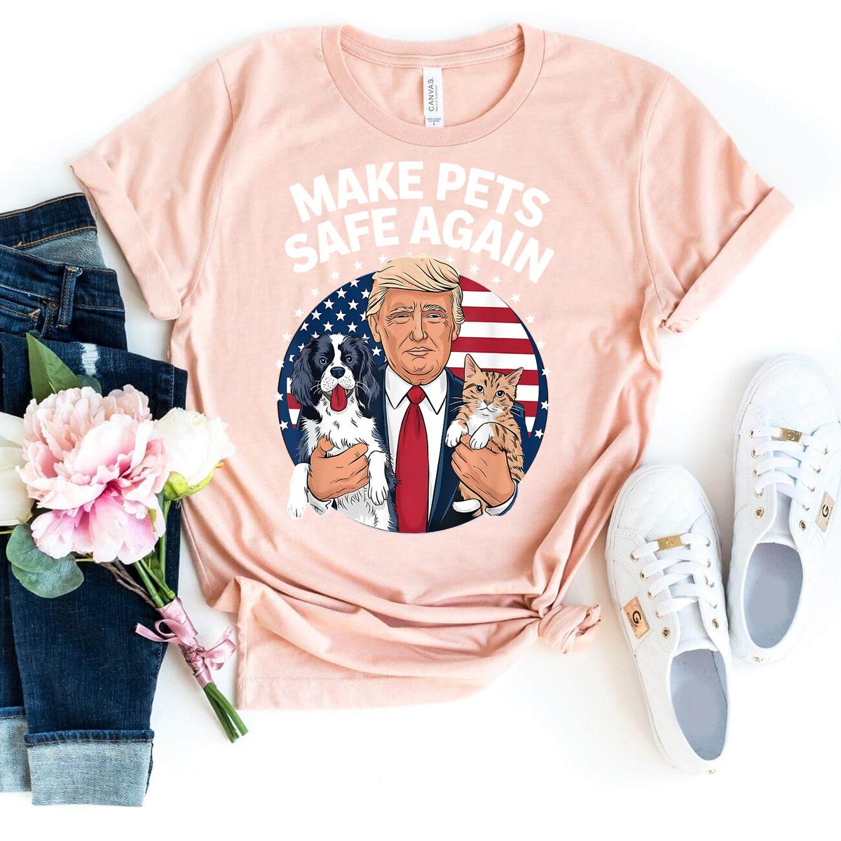 Cats and Dogs 2024 Debate – Make Pets Safe Again Trump Shirt - Bliss Birthday Shirts - Heather Peach - S