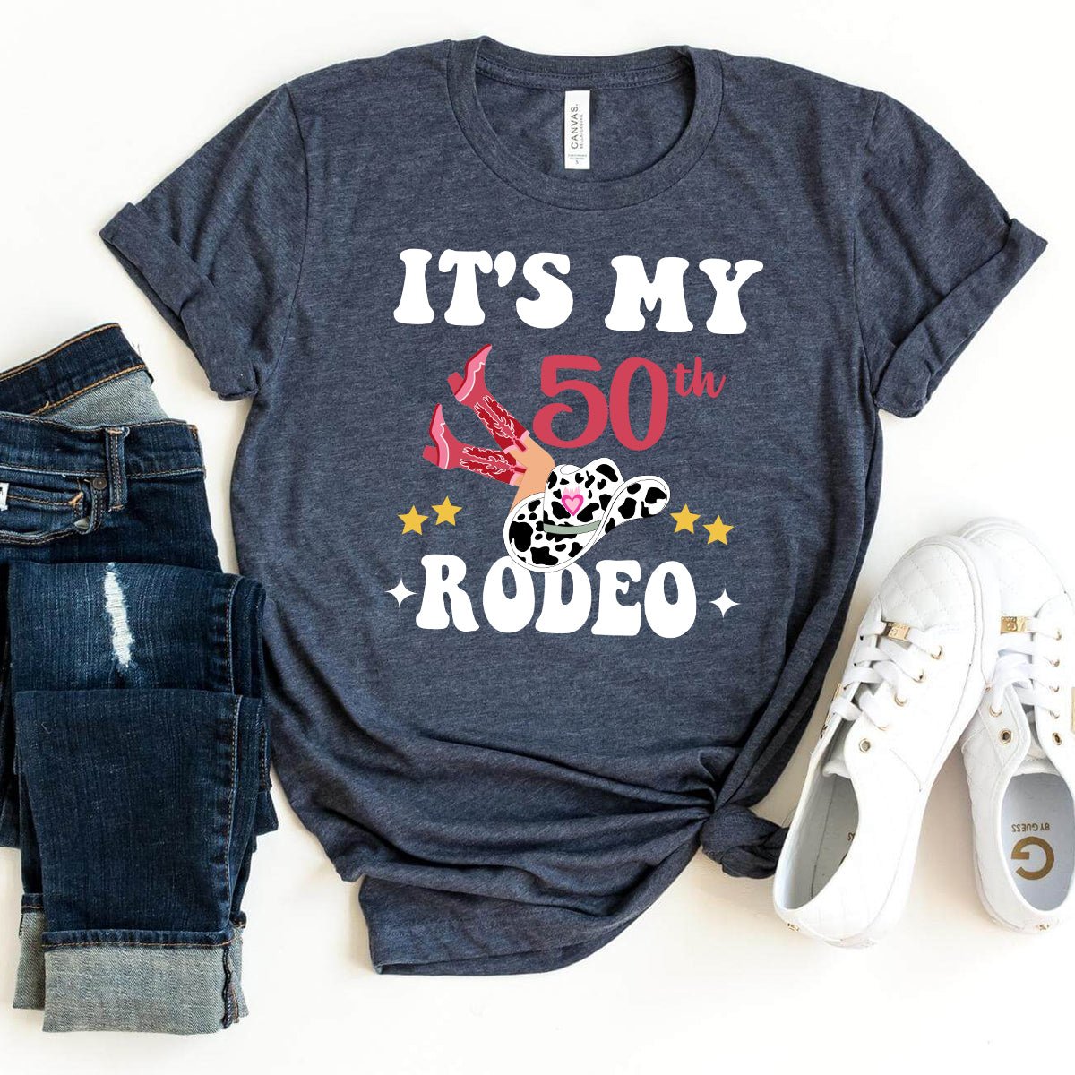 Celebrate 50th in Style - It's My 50th Rodeo Premium T-Shirt - Bliss Birthday Shirts - Heather Navy - S