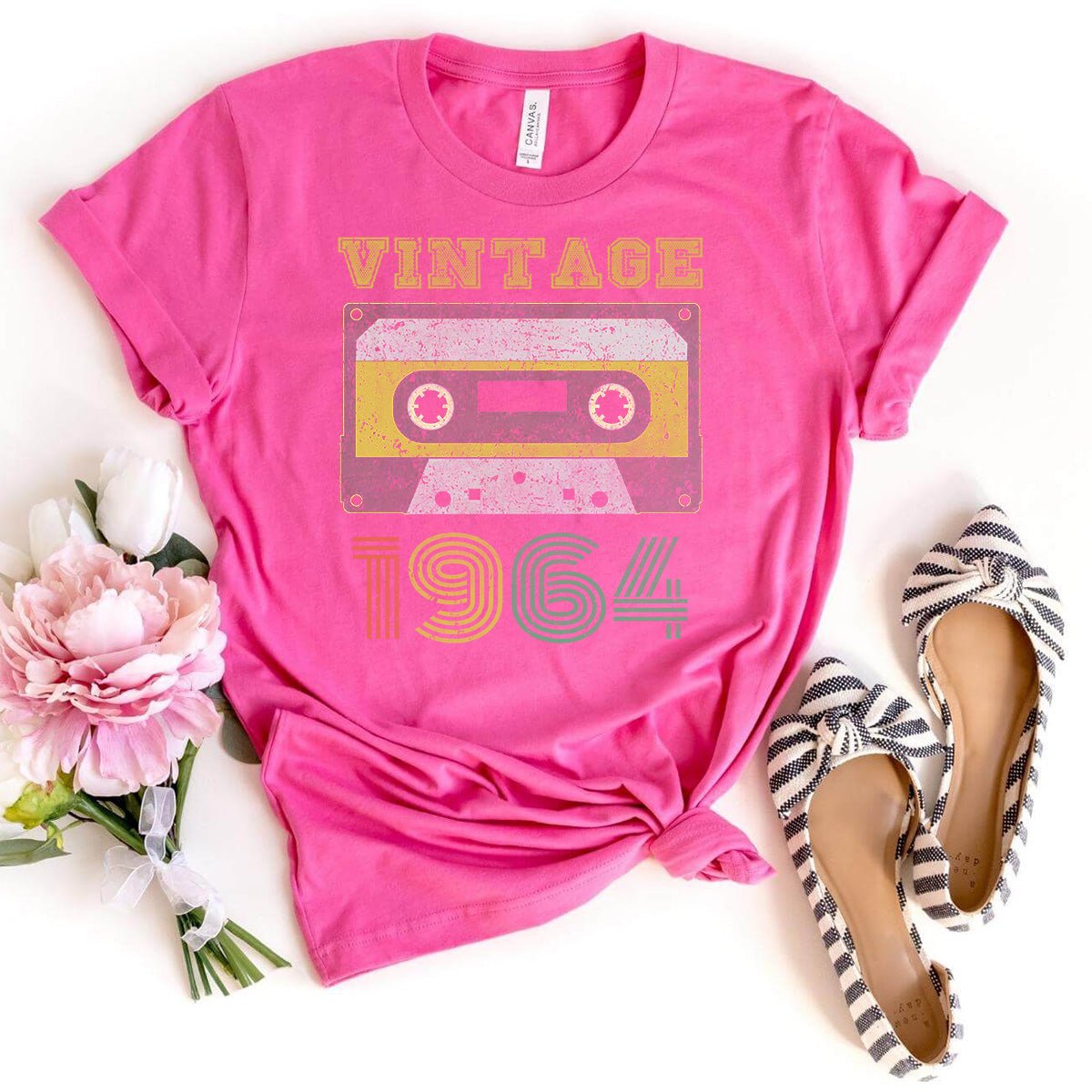 Celebrate in Style with Our Vintage 1964 Cassette Tape 60th Birthday Shirt - Bliss Birthday Shirts - Charity Pink - S