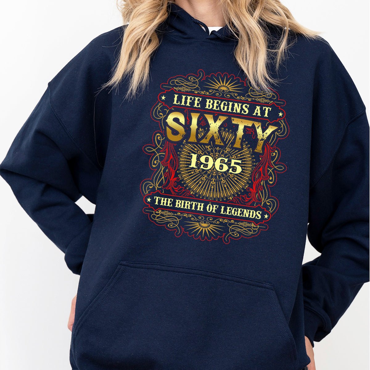 Celebrating 60 Years – Life Begins at 60, 1965 Birthday Hoodie - Bliss Birthday Shirts - Navy - S