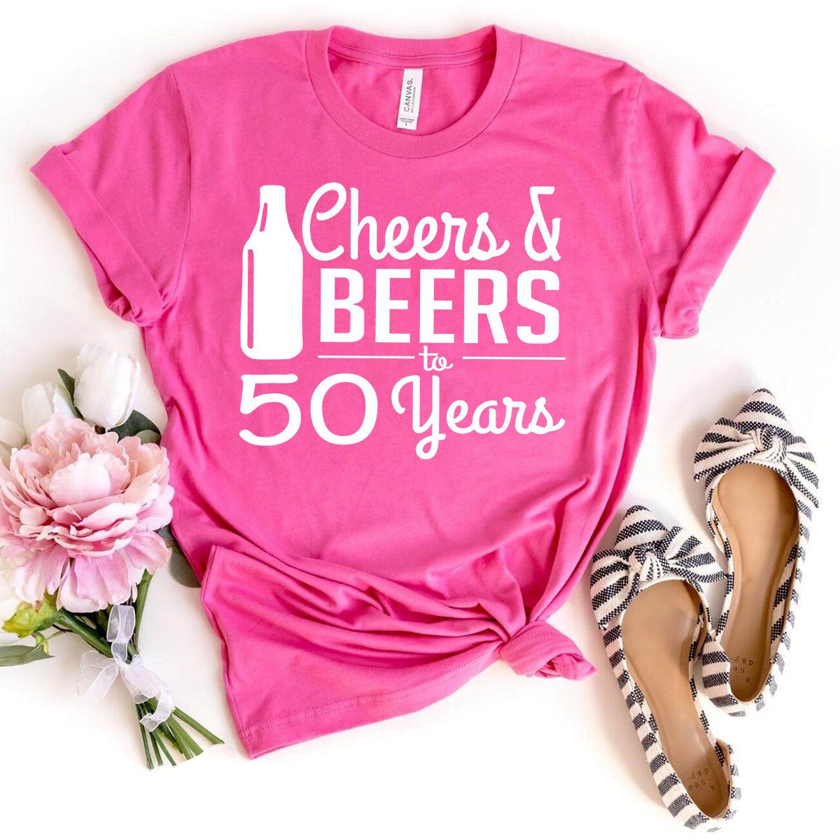 Cheers & Beers 50th Birthday Shirt - Celebrate 50 Years with Style - Bliss Birthday Shirts - Charity Pink - S