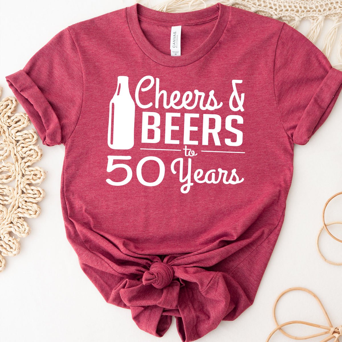 Cheers & Beers 50th Birthday Shirt - Celebrate 50 Years with Style - Bliss Birthday Shirts - Heather Raspberry - S