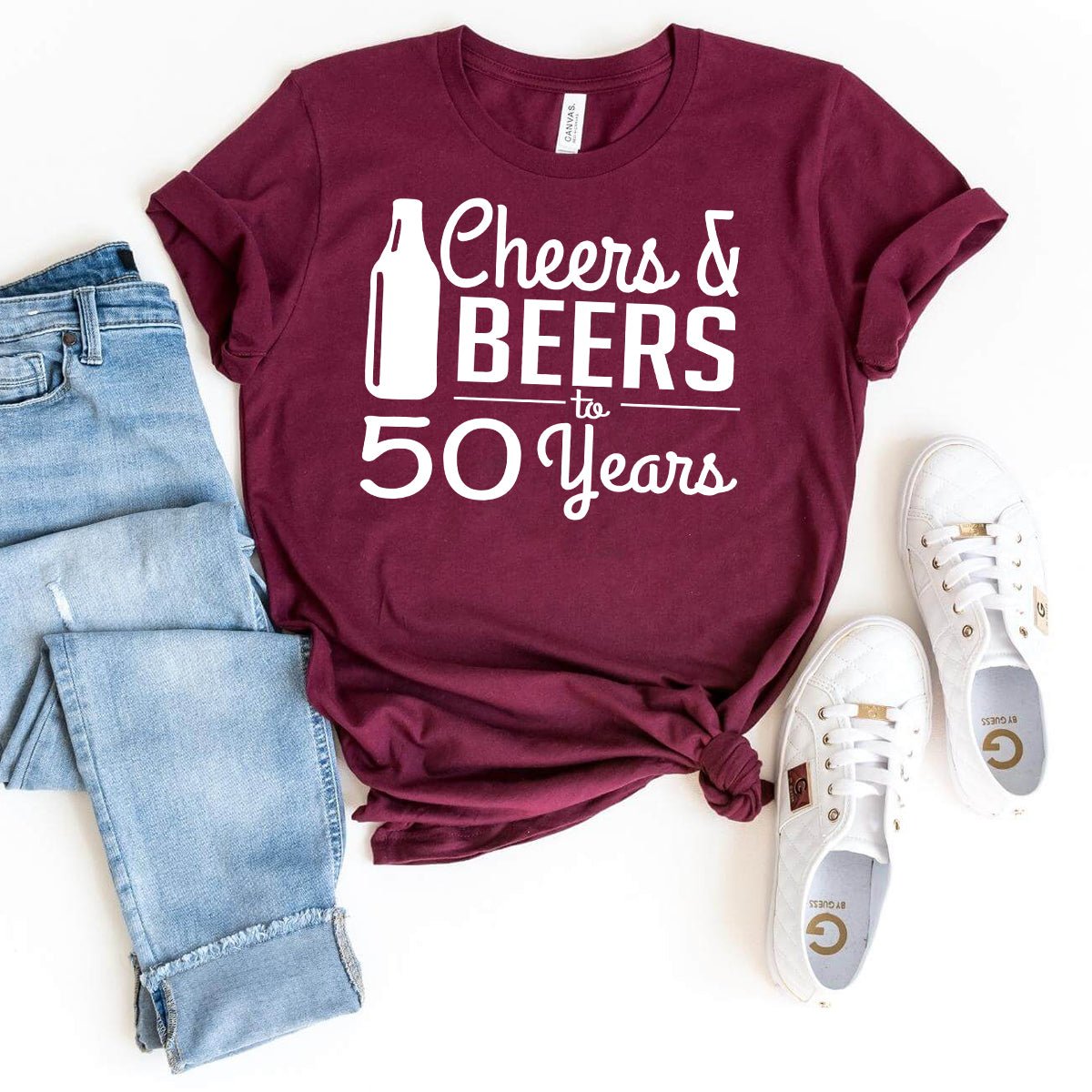 Cheers & Beers 50th Birthday Shirt - Celebrate 50 Years with Style - Bliss Birthday Shirts - Maroon - S