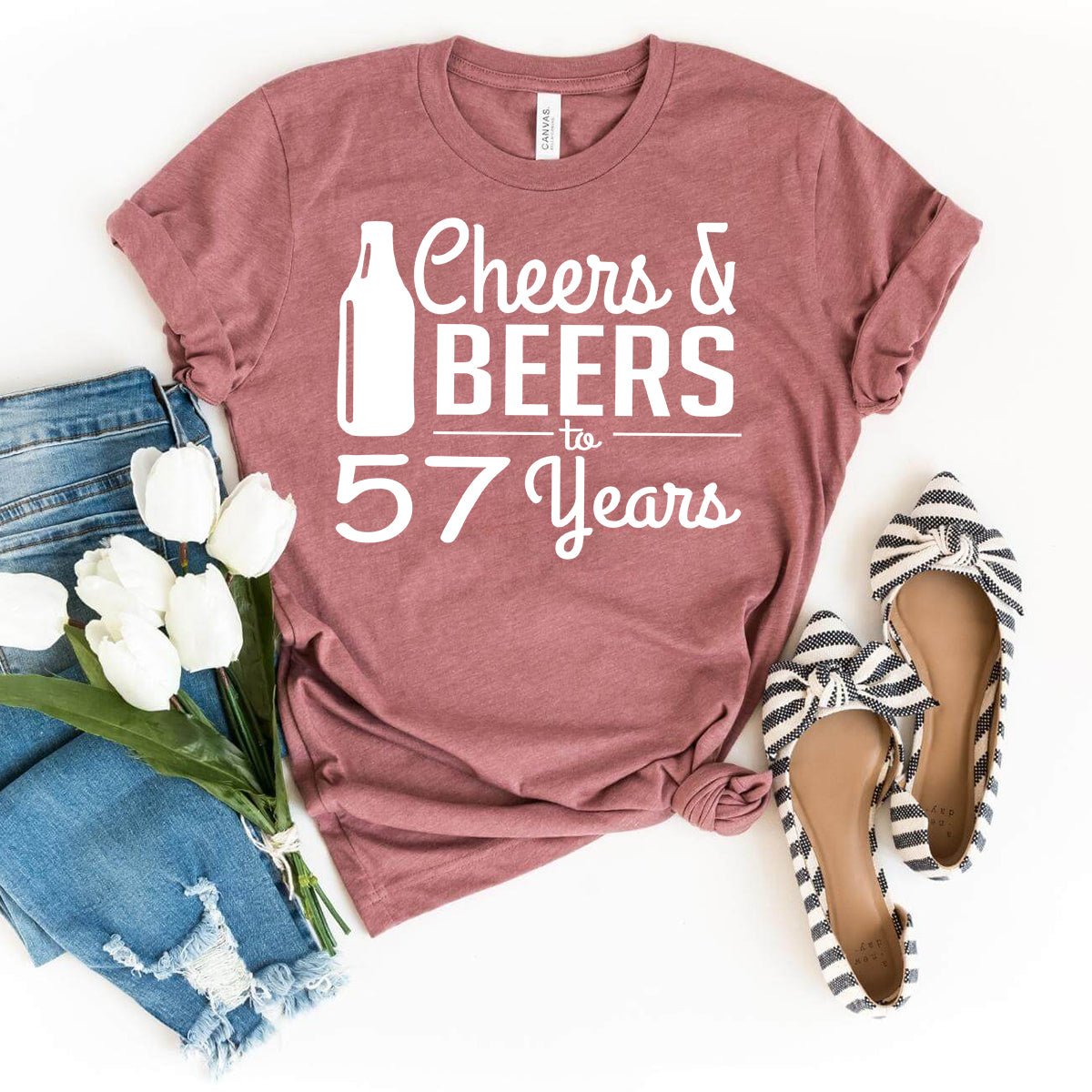 Cheers & Beers 57th Birthday Shirt - Unique Style for Turning 57 - Bliss Birthday Shirts - Heather Mauve - S